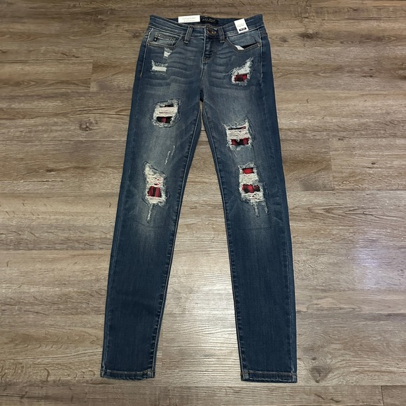Judy Blue Denim - Judy Blue Plaid Patch Distressed Skinny Jeans Mid Rise Dark Wash Size 1/25